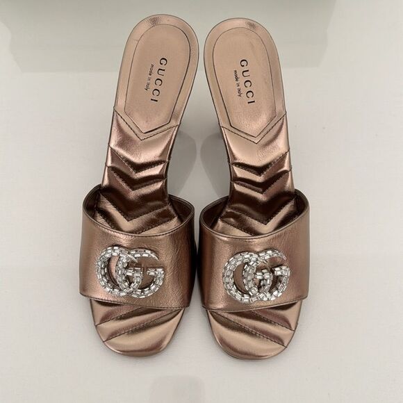 Gucci Marmont EU 37 US 7 Crystal GG Rose Gold Sandals Heels Metallic Nappa New - Picture 3 of 12